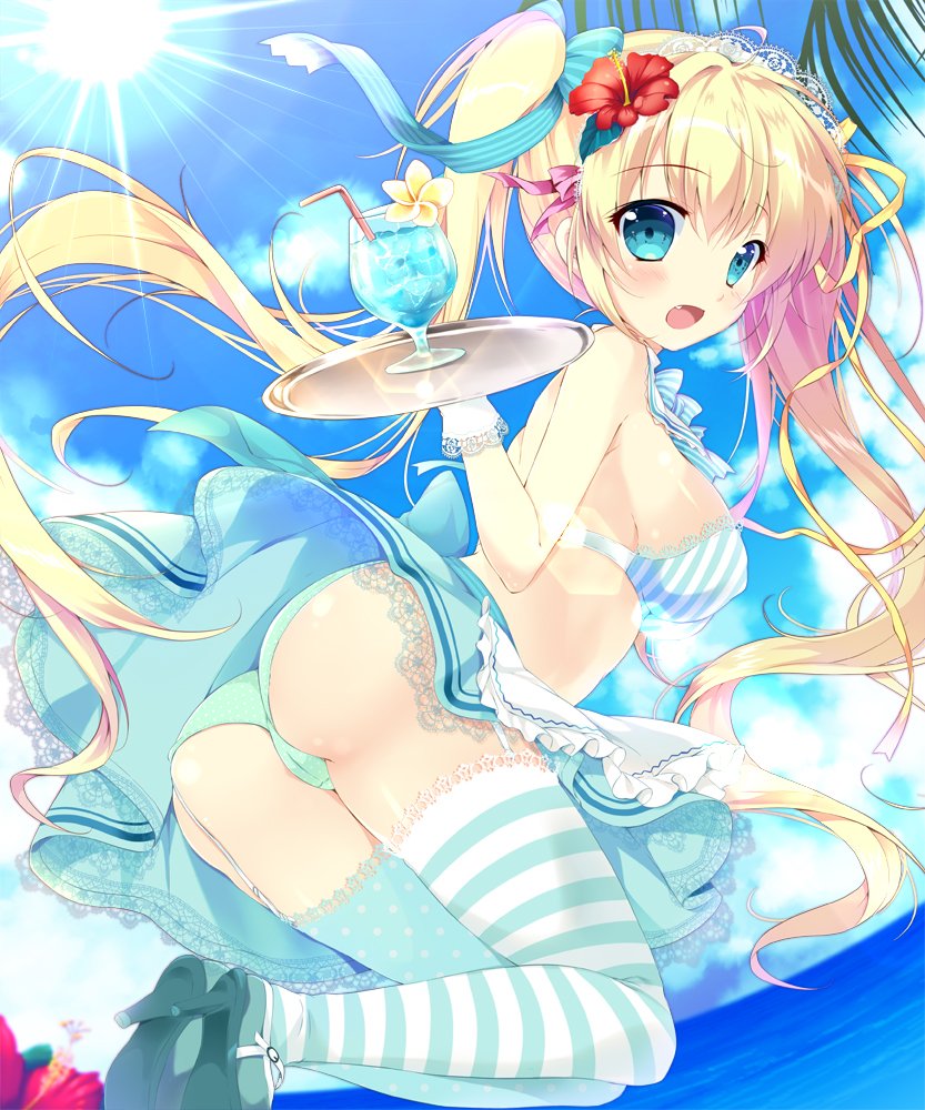 1girl aqua_eyes beach blonde_hair blue_bow bow bra cocktail cocktail_glass cup drinking_glass flower hibiscus high_heels holding holding_tray lace long_hair mikeou ocean original palm_tree pink_bow plumeria shoes skirt sleeveless straw striped striped_legwear sunlight thigh-highs tray tree tropical_drink twintails underwear water