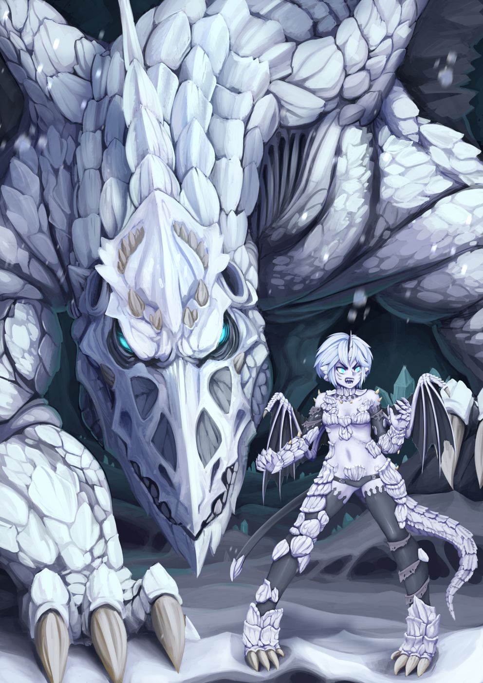 1girl angry barbariank bare_shoulders black_gloves black_legwear blue_eyes breasts dragon dragon_tail dungeons_and_dragons elbow_gloves gloves highres horn legs_apart personification scales sharp_teeth short_hair small_breasts tail talons teeth thigh-highs white_dragon_(d&amp;d) white_hair white_skin wings