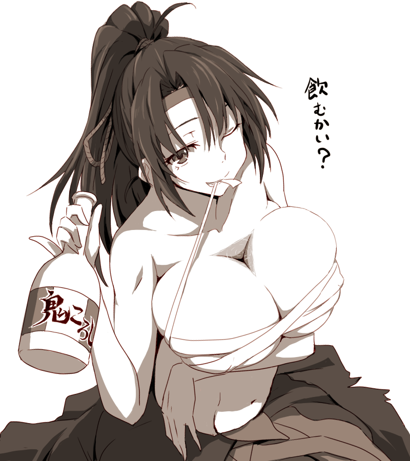 1girl ;) alcohol bottle breast_hold breasts budget_sarashi chizuru_(sennen_sensou_aigis) cleavage collarbone greyscale grin hakama japanese_clothes large_breasts long_hair looking_at_viewer monochrome mouth_hold navel one_eye_closed ponytail rope runaru sake sake_bottle sarashi sennen_sensou_aigis smile solo stomach translation_request upper_body