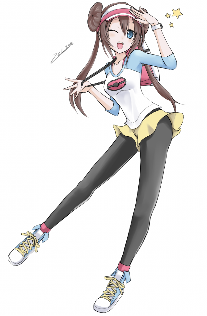 1girl 2016 ;d bangs black_legwear blue_eyes blush breasts brown_hair collarbone dated double_bun full_body hair_between_eyes hair_bun hand_to_head hands_up legwear_under_shorts long_hair long_sleeves looking_at_viewer medium_breasts mei_(pokemon) navel one_eye_closed open_mouth pantyhose poke_ball_print pokemon pokemon_(game) pokemon_bw2 pulled_by_self raglan_sleeves salute scarlet_zel shirt shoelaces shoes short_shorts shorts simple_background skirt sleeves_past_elbows smile sneakers solo strap_pull tongue twintails visor_cap watch watch yellow_shorts yellow_skirt