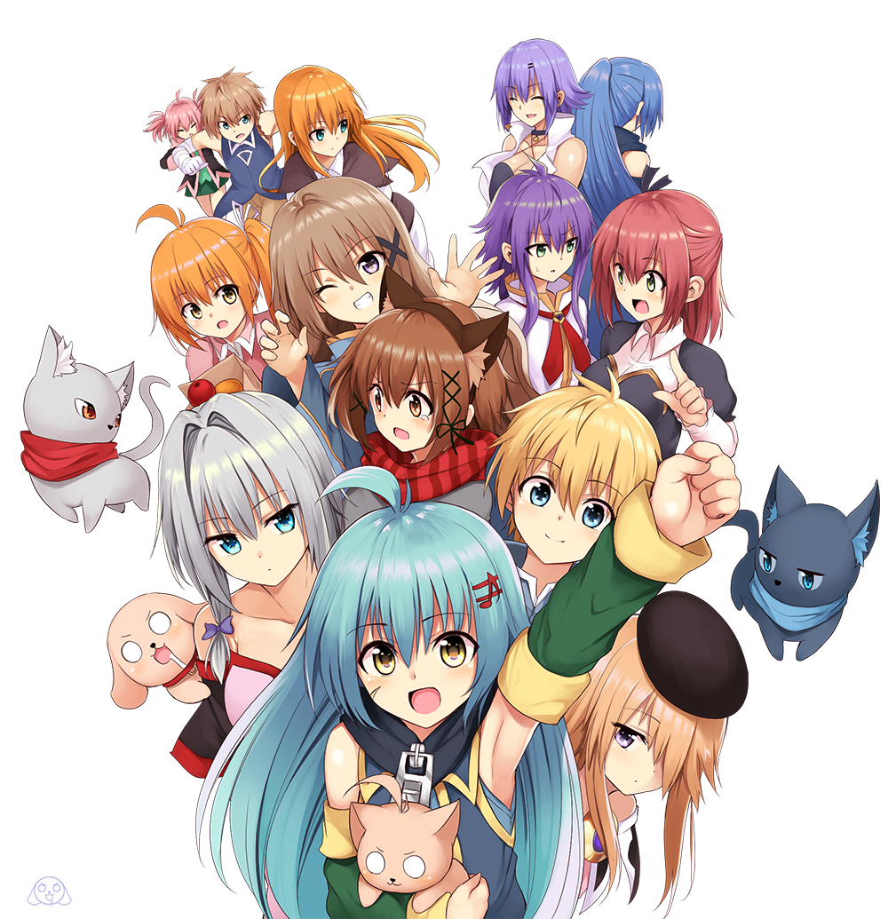 &gt;:o 2boys 6+girls :d :o ^_^ ^o^ ahoge animal animal_ears antenna_hair apple arm_up artist_logo back-to-back bag bandage bandaged_arm bangs bare_shoulders beret black_cat black_hat black_ribbon blonde_hair blue_eyes blue_hair blue_scarf blue_shirt blush bow breasts brown_hair brown_hairband brown_pants cat cat_ears cleavage clenched_hand closed_eyes closed_mouth collar collarbone collared_shirt commentary_request detached_sleeves dog dog_collar drooling expressionless eyebrows_visible_through_hair facing_away fake_animal_ears fist_pump food fruit green_eyes green_skirt grey_cat grey_hair grin hair_between_eyes hair_intakes hair_ornament hair_over_one_eye hair_ribbon hairband halter_top halterneck hand_up hands_up hat high_collar holding holding_animal index_finger_raised juliet_sleeves lesia_hirito long_hair long_sleeves looking_at_another looking_at_viewer looking_to_the_side mahcdai medium_breasts multiple_boys multiple_girls musical_note musical_note_hair_ornament o_o one_eye_closed open_mouth orange orange_eyes orange_hair original outstretched_arm pants paper_bag pink_hair pink_shirt planol_note pleated_skirt ponytail puffy_sleeves purple_bow purple_hair quaver red_scarf redhead ribbon rum_ialis running scar_on_cheek scarf shiny shiny_hair shirt shopping_bag short_hair short_hair_with_long_locks short_twintails side_ponytail sidelocks simple_background skirt sleeveless sleeveless_shirt smile straight_hair strapless striped striped_scarf sweatdrop tareme tears tress_ribbon tsurime twintails upper_body violet_eyes waving white_background white_ribbon white_shirt x_hair_ornament yellow_eyes zipper_pull_tab
