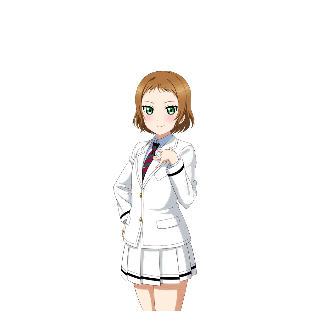 1girl artist_request bangs blazer blush brown_hair green_eyes hand_on_hip hand_on_own_chest jacket kira_tsubasa looking_at_viewer love_live! love_live!_school_idol_festival love_live!_school_idol_project necktie official_art pleated_skirt school_uniform short_hair skirt smile solo striped striped_necktie uniform utx_school_uniform