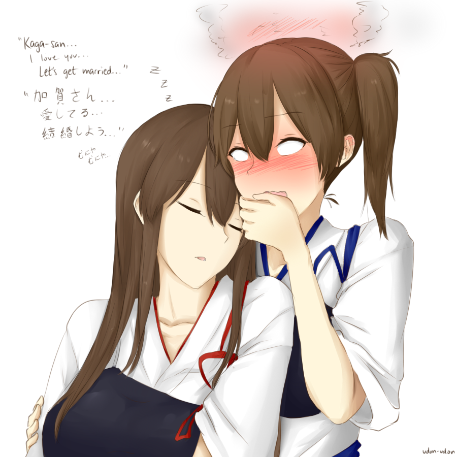 10s 2girls akagi_(kantai_collection) blush breasts commentary english hakama japanese_clothes kaga_(kantai_collection) kantai_collection large_breasts long_hair multiple_girls open_mouth side_ponytail snoring udon-udon yuri