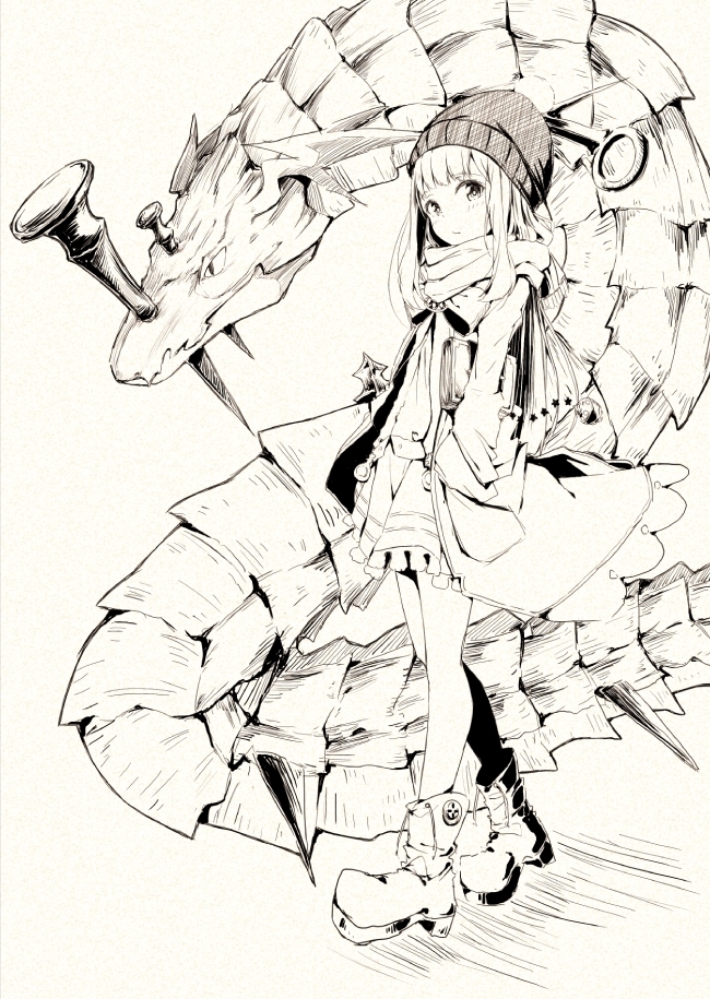 1girl ankle_boots bad_id bad_tumblr_id blush bobblehat book boots bow bowtie cagliostro_(granblue_fantasy) dragon full_body granblue_fantasy hand_in_pocket hat jacket lineart long_sleeves looking_at_viewer neko_sensha open_clothes open_jacket ouroboros_(granblue_fantasy) pantyhose scarf sidelocks simple_background skirt yellow_background