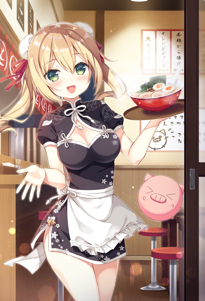 &gt;_&lt; 1girl :d apron bangs black_dress blonde_hair blush bowl breasts bun_cover chair china_dress chinese_clothes cleavage cleavage_cutout closed_eyes cowboy_shot double_bun dress egg eyebrows_visible_through_hair floral_print food green_eyes hair_ribbon holding holding_tray indoors lens_flare long_hair looking_at_viewer meat medium_breasts menu_board noodles number open_mouth original pig ramen red_ribbon restaurant ribbon short_dress short_sleeves smile solo spoon sumisaki_yuzuna table tray twintails waitress