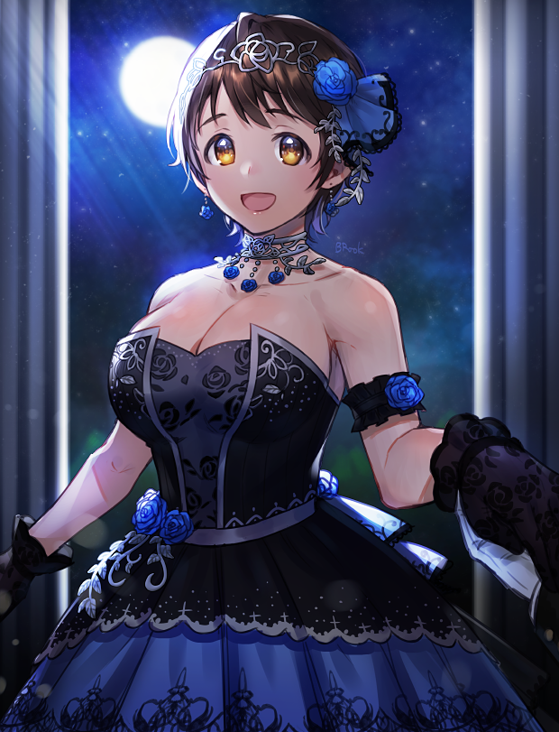 1girl :d apple_brk armband black_dress black_gloves blue_rose breasts brown_hair choker cleavage commentary dress earrings floral_print flower flower_earrings flower_ornament full_moon gloves hand_holding idolmaster idolmaster_cinderella_girls jewelry korean lace large_breasts looking_at_viewer moon moonlight night night_sky oikawa_shizuku open_mouth portrait pov pov_hands rose short_hair sky sleeveless smile solo solo_focus star_(sky) starry_sky white_gloves yellow_eyes