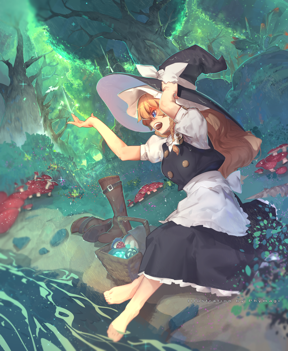 &gt;:d 1girl :d apron barefoot basket bird blonde_hair blue_eyes blush boots boots_removed braid breasts dress feet forest_of_magic hat highres kirisame_marisa lips long_hair long_skirt magic medium_breasts mushroom open_mouth partially_submerged phymagi puffy_short_sleeves puffy_sleeves river short_sleeves single_braid sitting skirt smile solo sparkle thick_eyebrows touhou tree waist_apron wavy_hair witch_hat