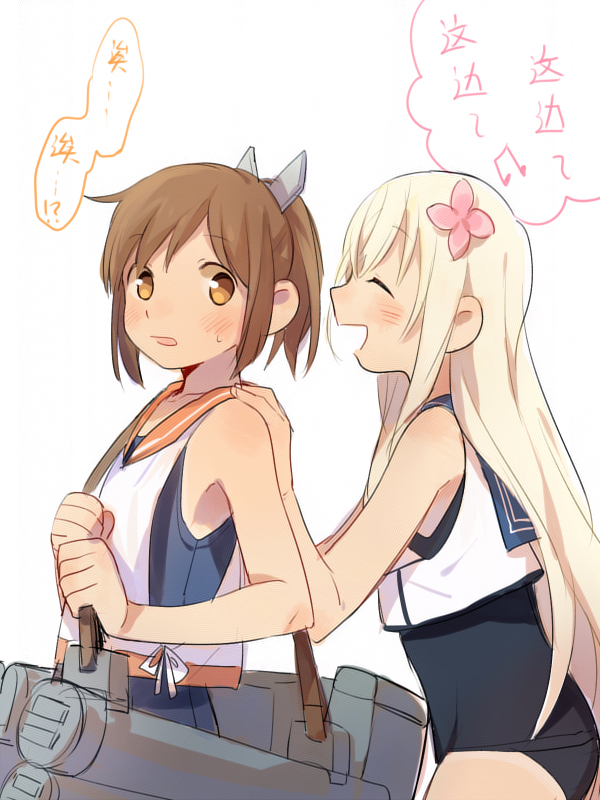 10s 2girls blonde_hair brown_eyes brown_hair chinese closed_eyes cowboy_shot crop_top d.y.x. flower hair_flower hair_ornament hairclip i-401_(kantai_collection) kantai_collection long_hair machinery multiple_girls one-piece_tan open_mouth orange_sailor_collar ponytail ro-500_(kantai_collection) sailor_collar simple_background swimsuit swimsuit_under_clothes tan tanline translation_request white_background