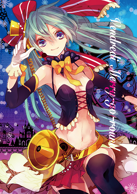 1girl armpits black_legwear blue_eyes blue_hair bow bowtie breasts choker cleavage detached_sleeves floating_hair gloves hair_between_eyes hair_ribbon hatsune_miku long_hair looking_at_viewer medium_breasts megaphone microphone midriff musou_yuchi navel red_ribbon ribbon shiny shiny_skin smile solo standing stomach striped striped_ribbon thigh-highs twintails very_long_hair vocaloid white_gloves yellow_bow yellow_bowtie