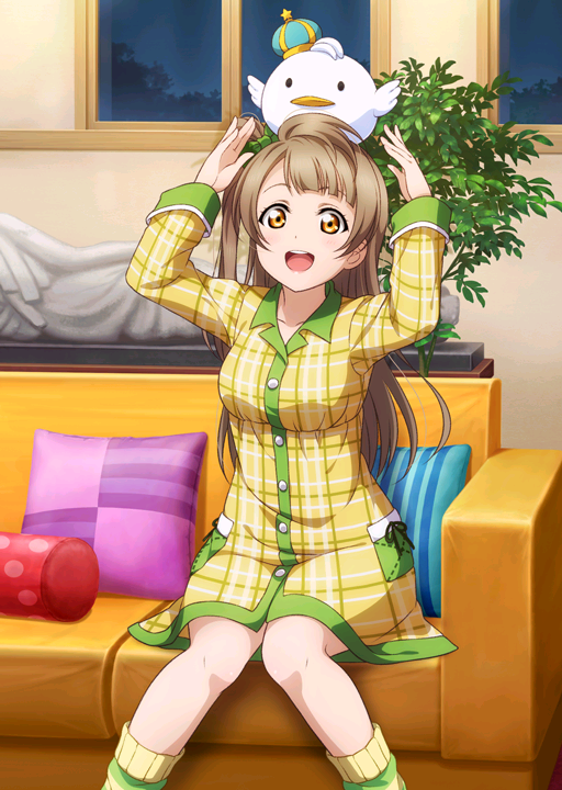 1girl artist_request bangs bow breasts brown_eyes brown_hair checkered collarbone couch crown hair_bow indoors long_hair looking_at_viewer love_live! love_live!_school_idol_festival love_live!_school_idol_project minami_kotori mini_crown night nightgown object_on_head official_art one_side_up pillow plant ribbon side_ponytail sitting smile socks solo stuffed_animal stuffed_bird stuffed_toy window