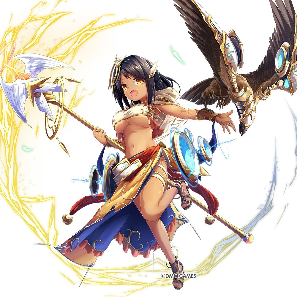 1girl armpits bird black_hair breasts bridal_gauntlets commentary_request copyright_name dark_skin eagle electricity feathers full_body hair_feathers hair_ornament holding hood hood_down kami_project large_breasts long_hair midriff navel official_art one_leg_raised open_mouth open_toe_shoes pelvic_curtain shoes simple_background smile solo staff white_background wings yellow_eyes