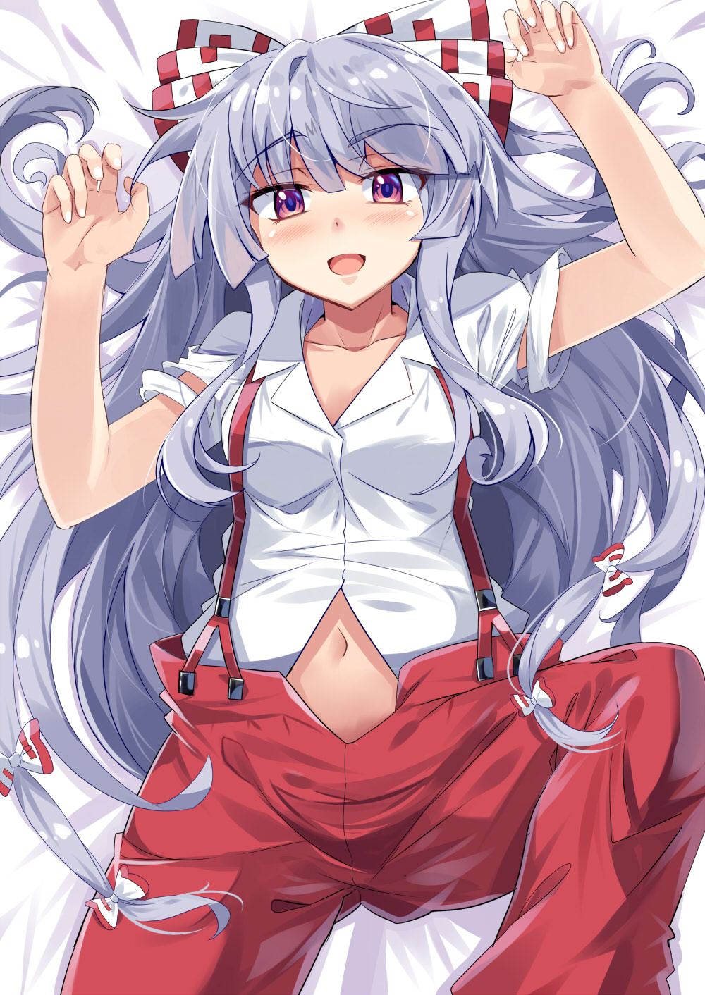 1girl :d arms_up bangs bare_arms blush bow collarbone collared_shirt cowboy_shot e.o. eyebrows eyebrows_visible_through_hair fujiwara_no_mokou hair_bow hair_over_shoulder hair_ribbon highres leg_up long_hair looking_at_viewer lying midriff_peek navel on_back open_mouth open_pants pants red_eyes red_pants ribbon shiny shiny_hair shirt short_sleeves silver_hair smile solo spread_legs suspenders torn_clothes torn_sleeves touhou very_long_hair white_shirt wing_collar
