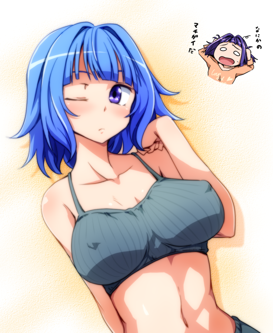 0_0 2girls ;( bangs bare_arms bare_shoulders blue_hair blunt_bangs blush breasts closed_mouth collarbone covered_nipples large_breasts looking_at_viewer multiple_girls navel open_mouth original ribbed_bra runaru short_hair solo_focus stomach translation_request upper_body violet_eyes