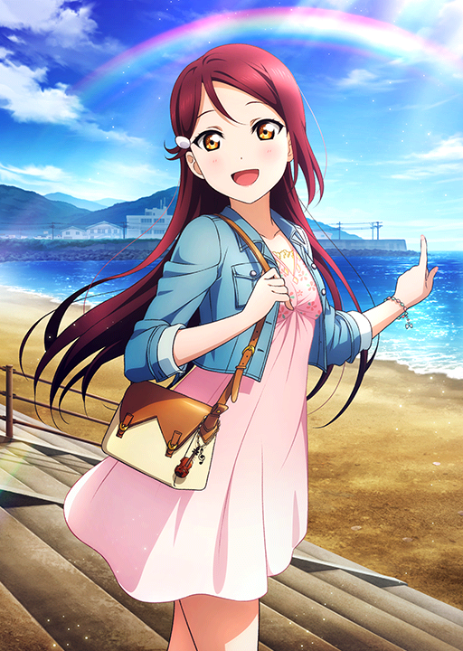 1girl bag beach blue_sky blush bracelet collarbone day denim denim_jacket dress hair_ornament hairclip jewelry keychain long_hair looking_at_viewer love_live! love_live!_school_idol_festival love_live!_sunshine!! ocean official_art open_mouth outdoors pink_dress pointing rainbow redhead sakurauchi_riko sky smile solo stairs yellow_eyes