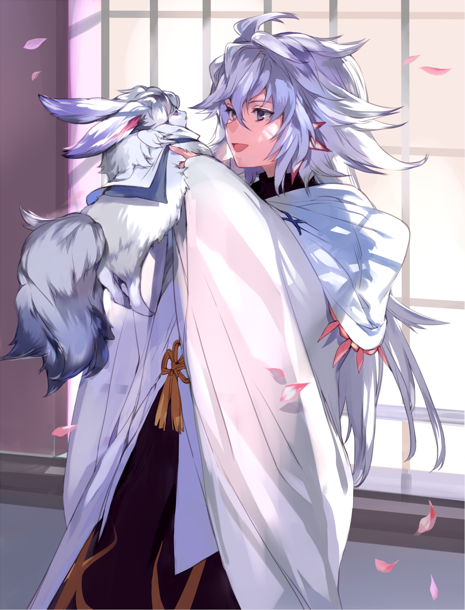 1boy ahoge animal commentary_request fate/grand_order fate_(series) fou_(fate/grand_order) highres holding holding_animal hood long_hair looking_at_another male_focus merlin_(fate/stay_night) nove_(legge) open_mouth petals robe smile standing violet_eyes white_hair wide_sleeves window