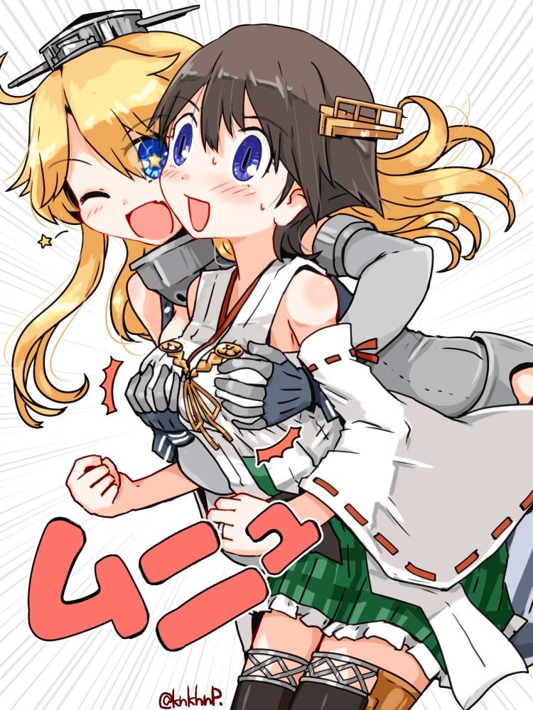 2girls blonde_hair blue_eyes boots breast_grab breasts brown_hair cowboy_shot detached_sleeves elbow_gloves emphasis_lines fingerless_gloves flipped_hair gloves grabbing grabbing_from_behind green_skirt hairband headgear hiei_(kantai_collection) iowa_(kantai_collection) jewelry kanoe_soushi kantai_collection large_breasts miniskirt multiple_girls nontraditional_miko open_mouth ribbon-trimmed_sleeves ribbon_trim ring short_hair skirt smile star star-shaped_pupils surprised symbol-shaped_pupils thigh-highs thigh_boots wedding_band white_background