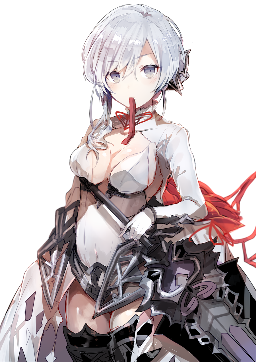 1girl bangs breasts closed_mouth cowboy_shot eyebrows_visible_through_hair gloves grey_background grey_eyes grey_leotard highres holding holding_sword holding_weapon leotard looking_at_viewer medium_breasts mouth_hold nuudoru red_ribbon ribbon ribbon_in_mouth silver_hair simple_background sinoalice snow_white_(sinoalice) solo sword weapon white_gloves