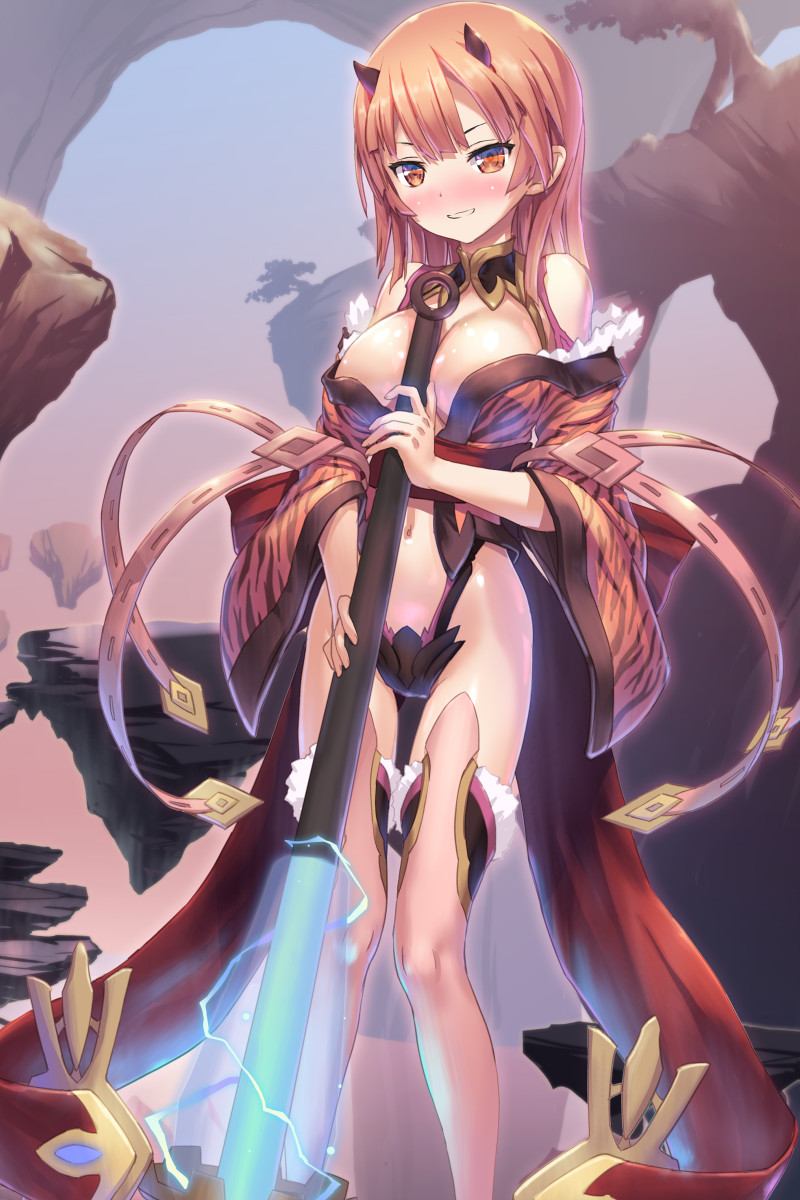 1girl bangs blush breasts brown_eyes brown_hair cleavage club day detached_sleeves fantasy floating_rock grin highleg highres holding holding_weapon large_breasts oni oni_horns original outdoors parted_lips revealing_clothes smile solo standing thigh-highs tougetsu_gou weapon wide_sleeves