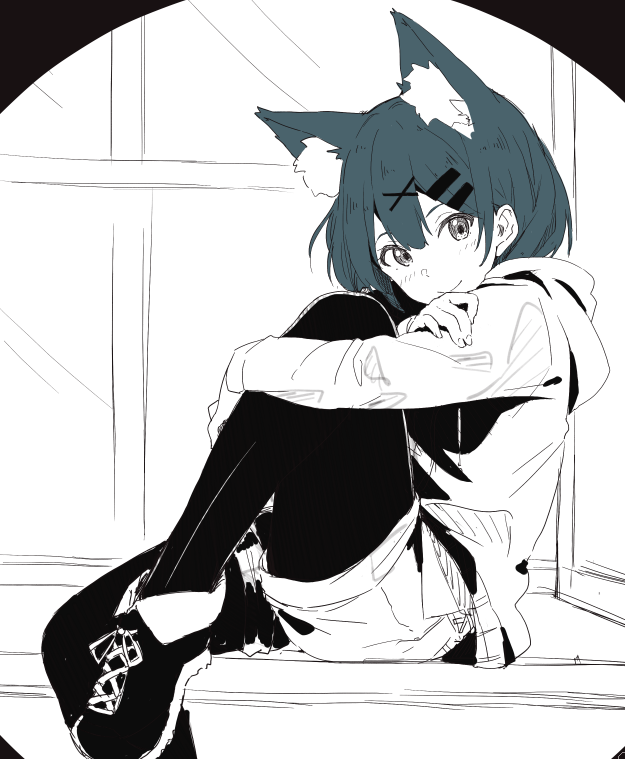 1girl animal_ears bad_id bad_tumblr_id blush bob_cut borrowed_character cat_ears closed_mouth greyscale hair_ornament hairclip hood hoodie knee_up looking_at_viewer monochrome neko_sensha original pantyhose shoes short_hair short_shorts shorts sitting smile sneakers solo spot_color x_hair_ornament