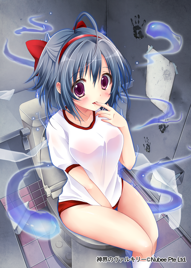 1girl ahoge blush bow breasts collarbone company_name finger_in_mouth ghost grey_hair hair_bow hair_ribbon hairband hand_print kneehighs looking_at_viewer medium_breasts mohumohu-san paper parted_lips red_bow shinkai_no_valkyrie short_hair sitting smile solo tape toile_no_hanako-san toilet toilet_paper violet_eyes white_legwear