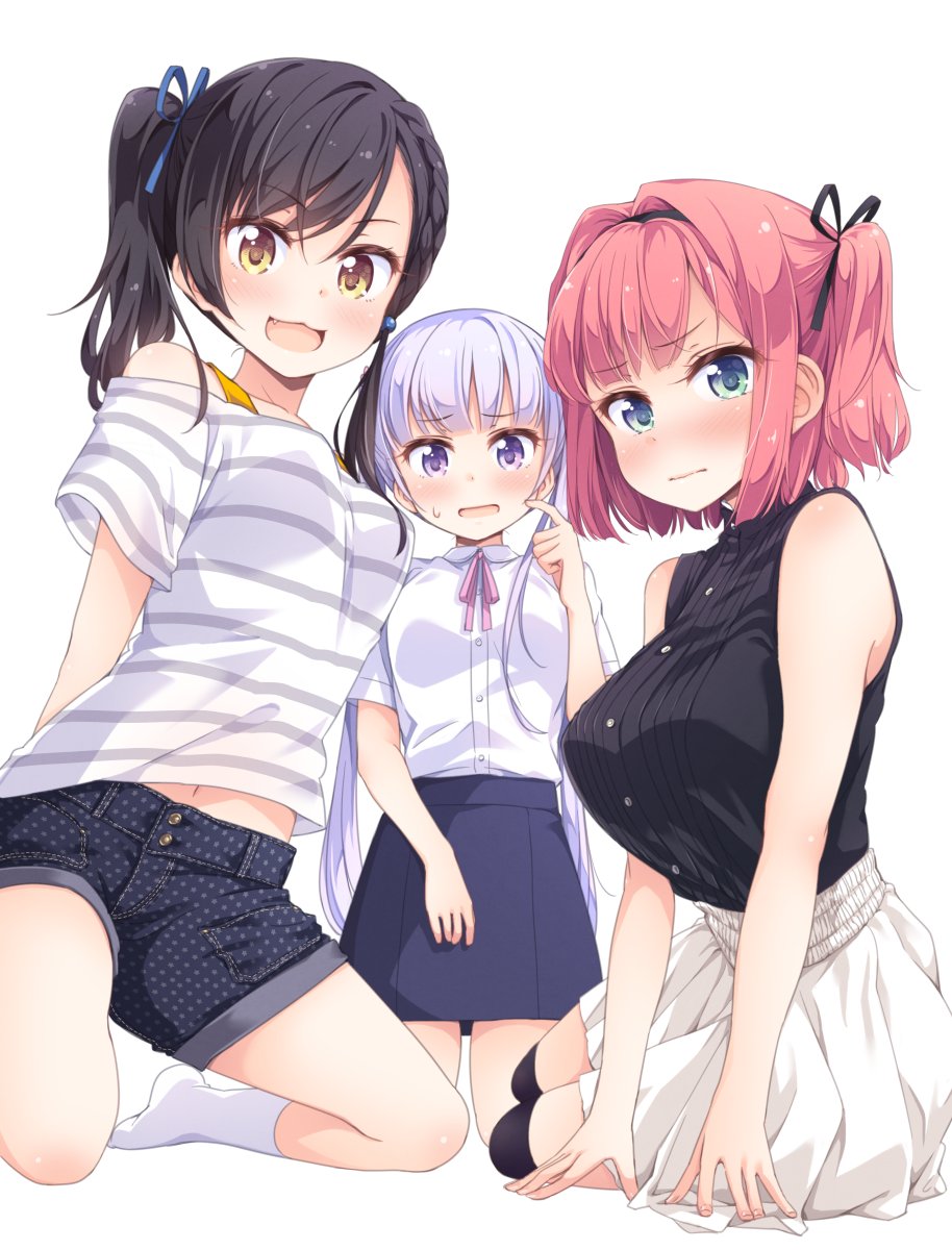 3: 3girls :3 :d black_hair black_legwear blush braid breasts denim denim_shorts eyebrows_visible_through_hair fang foreshortening french_braid green_eyes hair_intakes hair_ribbon hairband high-waist_skirt highres kneeling large_breasts lavender_hair looking_at_viewer medium_breasts mochizuki_momiji multiple_girls narumi_tsubame navel new_game! official_art one_side_up open_mouth pink_hair polka_dot ribbon shirt short_hair short_shorts shorts side_braid side_ponytail sitting skirt sleeveless sleeveless_shirt smile socks suzukaze_aoba sweatdrop take_your_pick thigh-highs tokunou_shoutarou twintails violet_eyes white_legwear yellow_eyes yokozuwari