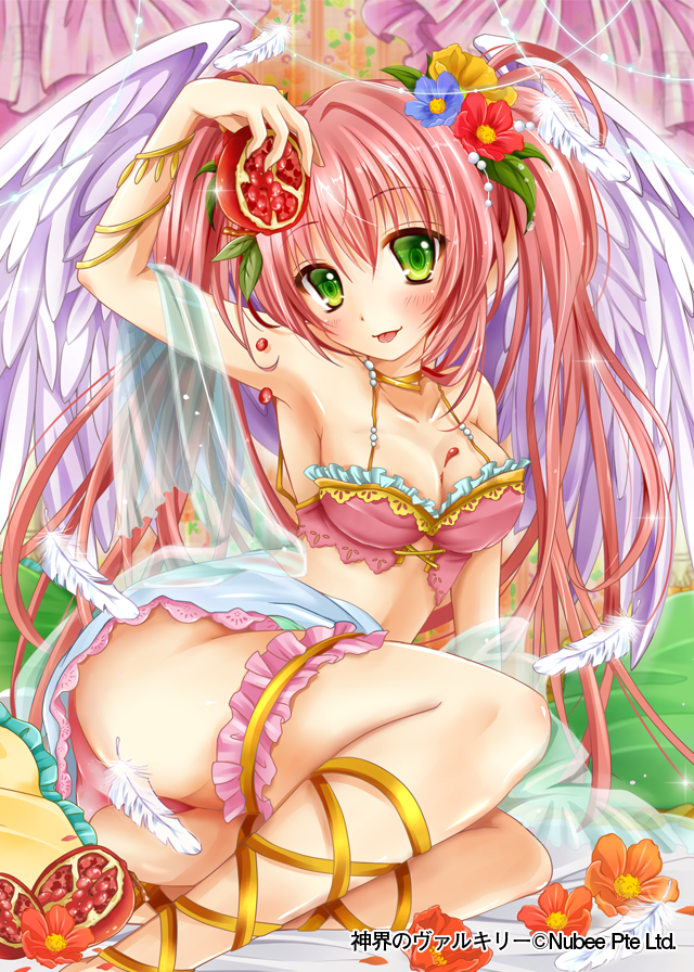1girl ass bare_shoulders blush breasts cleavage collarbone company_name eyebrows_visible_through_hair feathers flower food green_eyes hair_flower hair_ornament holding holding_food long_hair looking_at_viewer medium_breasts mohumohu-san pink_hair shinkai_no_valkyrie sitting smile solo tongue tongue_out twintails