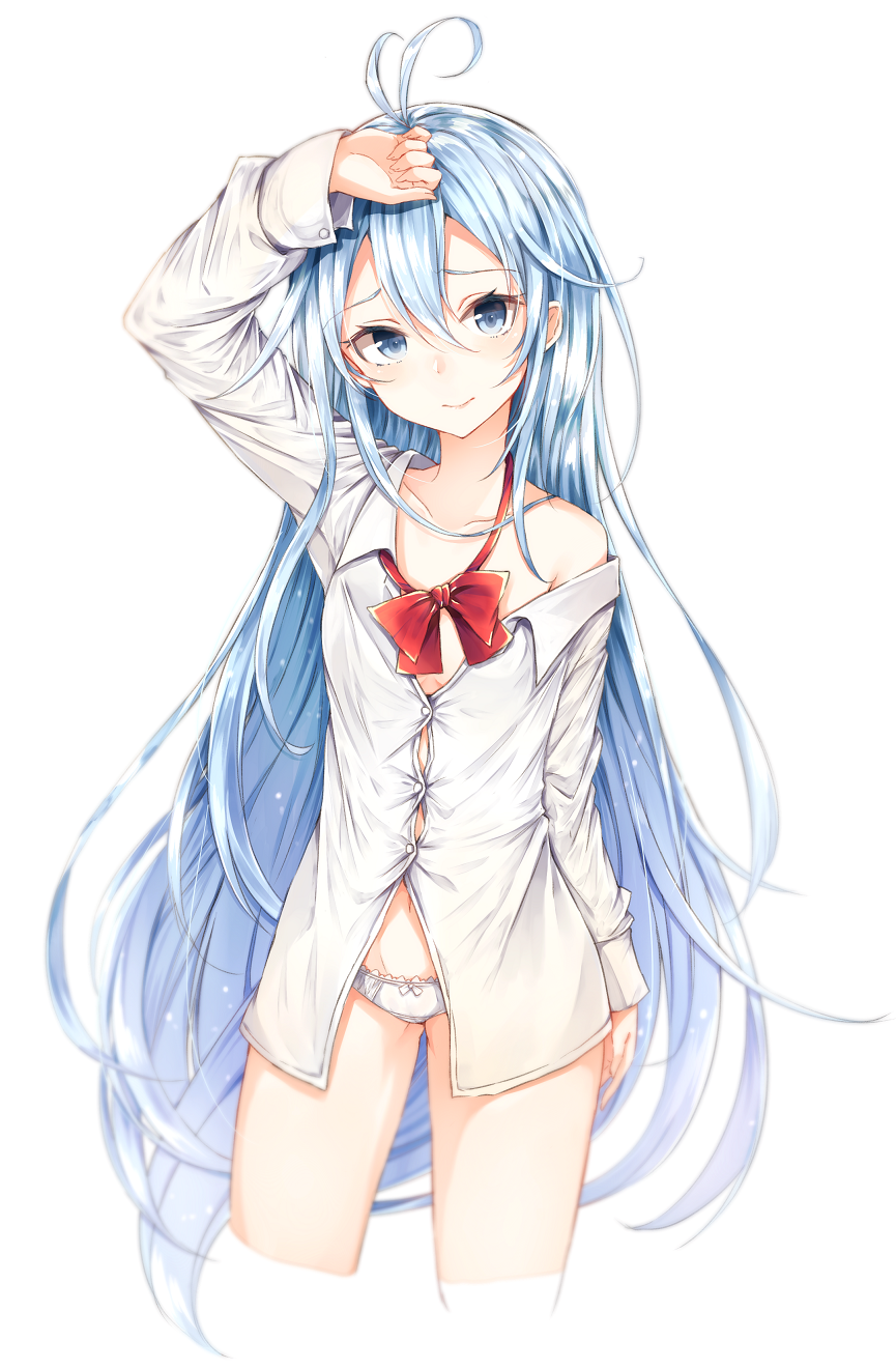 1girl antenna_hair arm_at_side bad_id bad_tumblr_id blue_eyes blue_hair bow bowtie buttons closed_mouth collarbone cowboy_shot cropped_legs denpa_onna_to_seishun_otoko flat_chest hair_between_eyes hand_on_forehead head_tilt highres long_hair long_sleeves navel neko_sensha off_shoulder panties red_bow red_bowtie shirt simple_background smile solo standing touwa_erio underwear very_long_hair white_background white_panties white_shirt