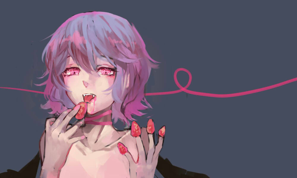1girl bangs bat_wings blood blood_from_mouth collarbone eating ein_(artist) fangs food food_on_finger fruit gradient_hair graphite_(medium) hair_between_eyes lavender_hair looking_at_viewer multicolored_hair nail_polish nude open_mouth pink_blood pink_eyes pink_hair pink_nails pink_ribbon purple_hair remilia_scarlet ribbon short_hair simple_background solo strawberry teeth tongue touhou traditional_media upper_body wings