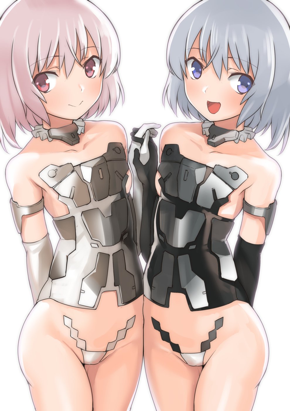 2girls :d arm_behind_back bangs bare_legs bare_shoulders black_gloves blue_eyes blush breasts c: choker collarbone cowboy_shot detached_collar elbow_gloves frame_arms_girl gloves groin hand_holding hand_up highres interlocked_fingers legs light_blue_hair looking_at_viewer materia_(frame_arms_girl) materia_kuro materia_shiro multiple_girls neck open_mouth panties pink_hair red_eyes revealing_clothes shiba_nanasei short_hair siblings simple_background sisters small_breasts smile standing strapless symmetry thighs twins underwear white_background white_gloves white_panties