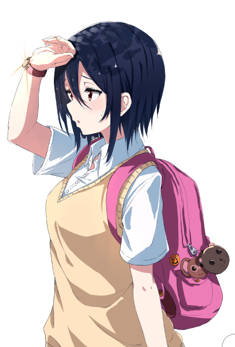 1girl backpack bad_id bad_tumblr_id bag bag_charm black_hair brown_eyes from_side hair_between_eyes keychain neko_sensha original school_uniform short_hair simple_background solo sweater_vest watch watch white_background