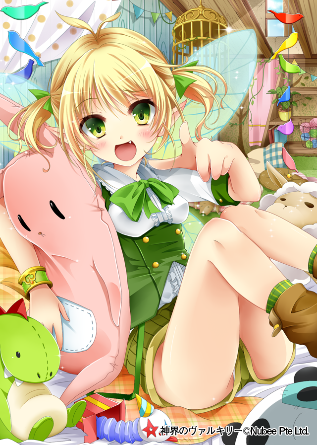 1girl blonde_hair blush bow company_name eyebrows_visible_through_hair fang green_bow green_eyes green_ribbon hair_ribbon holding holding_stuffed_animal index_finger_raised looking_at_viewer mohumohu-san open_mouth panties pantyshot pointing pointing_at_viewer pointy_ears ribbon shinkai_no_valkyrie short_hair short_twintails sitting smile solo stuffed_animal stuffed_dinosaur stuffed_toy twintails underwear white_panties