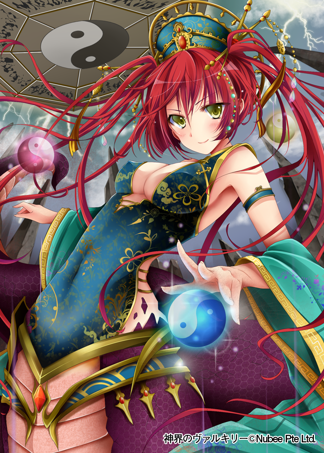 1girl blush breasts china_dress chinese_clothes cleavage company_name detached_sleeves dress eyebrows_visible_through_hair lamia large_breasts long_hair looking_at_viewer mohumohu-san monster_girl red_ribbon redhead ribbon shinkai_no_valkyrie smile snake_tail solo twintails yellow_eyes yin_yang_orb