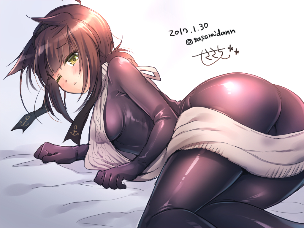 10s 1girl ahoge aran_sweater backless_outfit blush bodysuit breasts brown_hair dated dress full_body hair_flaps hairband halterneck hatsuzuki_(kantai_collection) headband impossible_clothes kantai_collection looking_at_viewer medium_breasts meme_attire one_eye_closed parted_lips ribbed_sweater sasachin_(k+w) school_uniform serafuku shiny shiny_clothes shiny_skin short_hair sideboob signature sweater sweater_dress turtleneck turtleneck_sweater twitter_username virgin_killer_sweater yellow_eyes