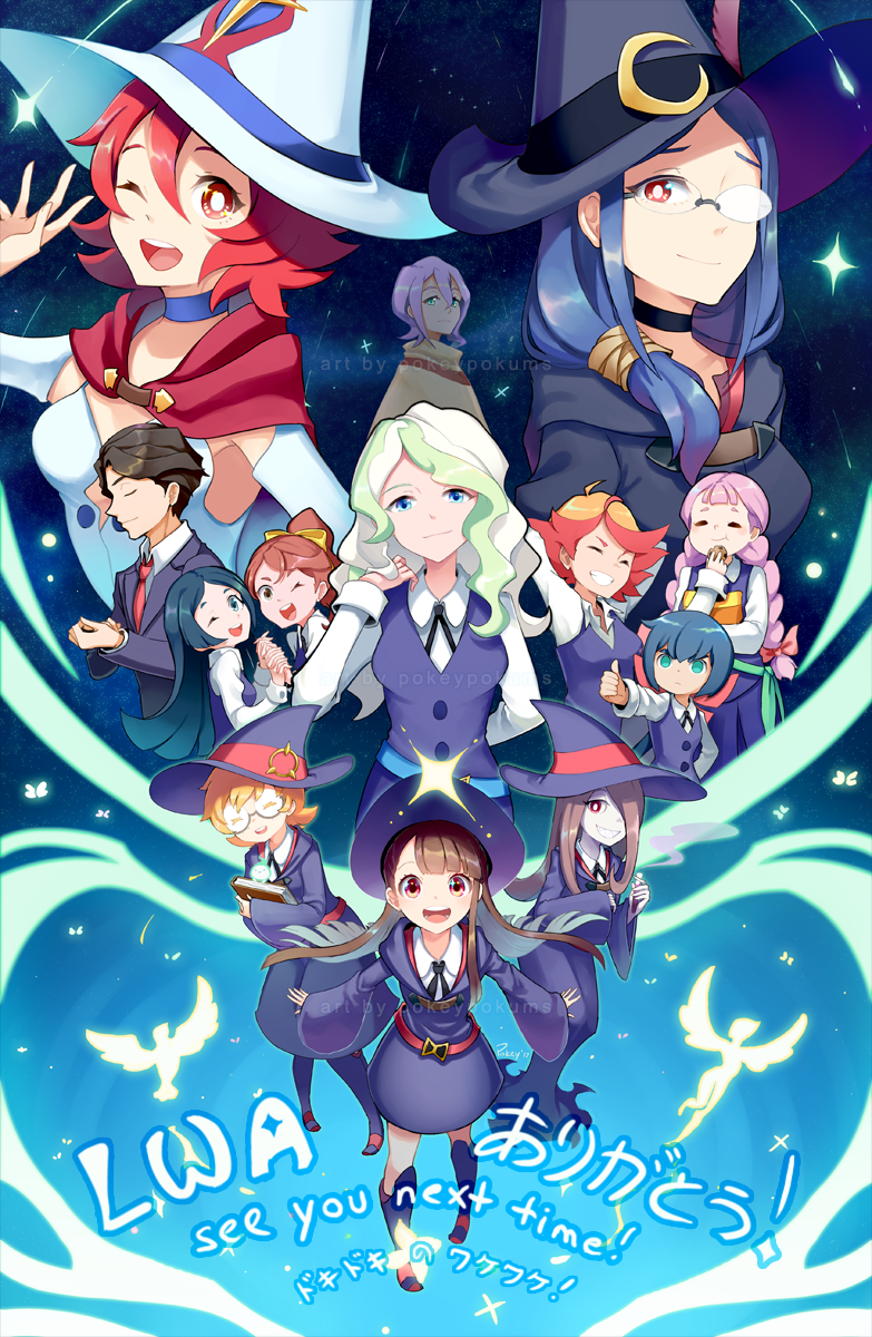 1boy 6+girls amanda_o'neill andrew_hanbridge aqua_eyes artist_name barbara_(little_witch_academia) belt black_hair blue_eyes blue_hair boots bow brown_hair cape choker closed_eyes constanze_amalie_von_braunschbank-albrechtsberger copyright_name croix_meridies diana_cavendish english food formal glasses green_hair hair_bow hair_over_one_eye hair_ribbon hanna_(little_witch_academia) hat highres interlocked_fingers jasminka_antonenko kagari_atsuko lavender_hair little_witch_academia long_hair looking_at_viewer lotte_jansson multicolored_hair multiple_girls necktie open_mouth orange_hair painttool_sai pink_hair plump pokey ponytail purple_hair red_eyes redhead ribbon school_uniform shiny_chariot short_hair skirt sky smile star_(sky) starry_sky sucy_manbavaran suit thick_eyebrows two-tone_hair ursula_charistes witch witch_hat