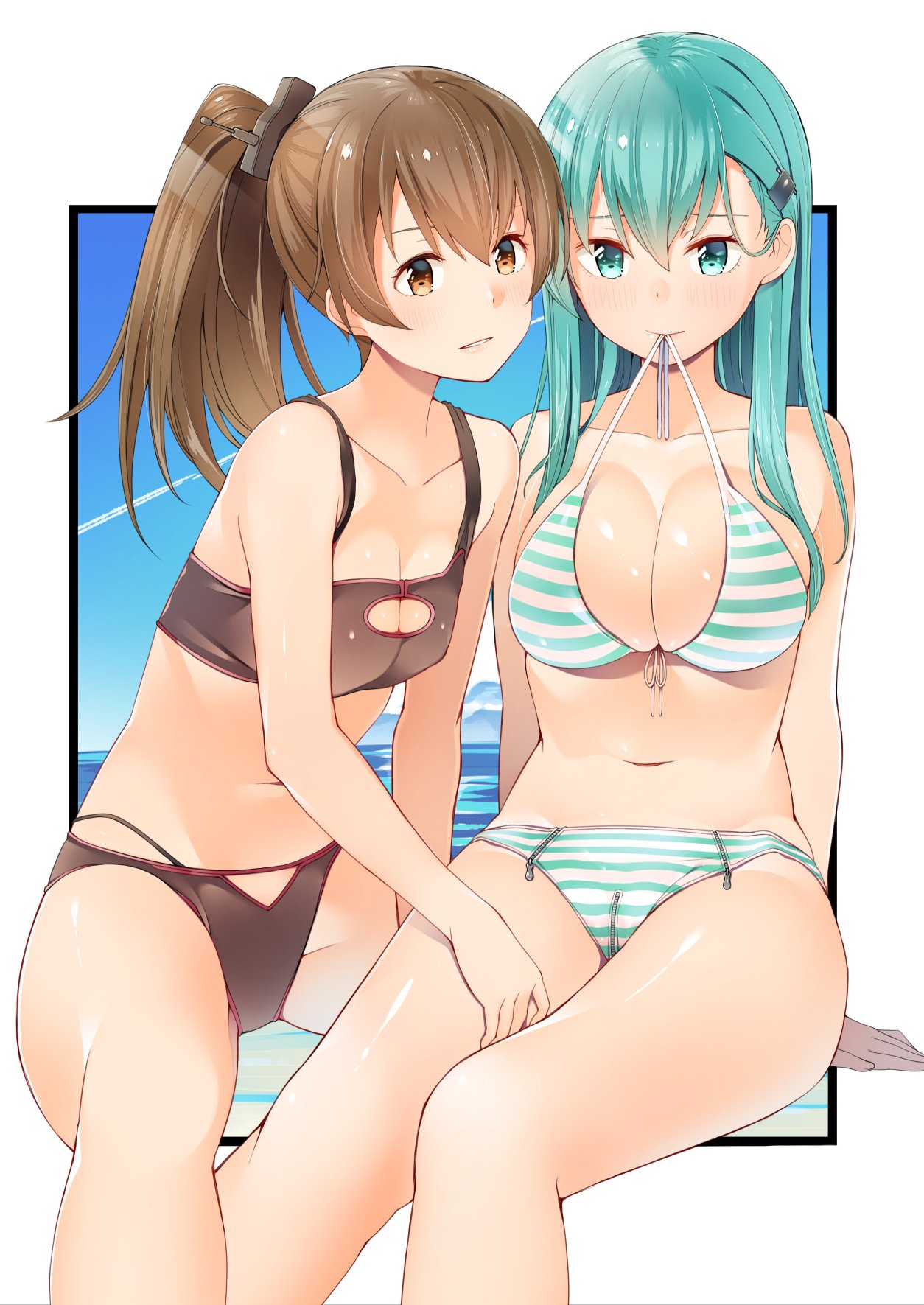 10s 2girls alternate_eye_color aqua_eyes aqua_hair beach between_legs bikini blush breasts brown_bikini brown_eyes brown_hair byte_(allbyte) cleavage cleavage_cutout collarbone front-tie_bikini front-tie_top green_bikini hair_between_eyes hair_ornament hairclip hand_between_legs highres kantai_collection kumano_(kantai_collection) large_breasts long_hair looking_at_viewer mouth_hold multiple_girls navel outside_border parted_lips ponytail sitting small_breasts smile straight_hair strap_pull string_in_mouth striped striped_bikini suzuya_(kantai_collection) swimsuit white_border