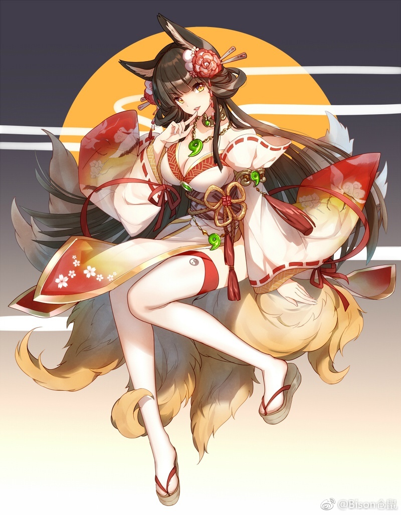 1girl animal_ears bison_cangshu black_hair detached_collar detached_sleeves eyebrows_visible_through_hair finger_to_mouth flower fox_ears fox_tail full_body hair_flower hair_ornament hair_stick half_updo head_tilt japanese_clothes jewelry kyuubi long_hair looking_at_viewer magatama multiple_tails necklace obi open_mouth pelvic_curtain ribbon-trimmed_sleeves ribbon_trim sandals sash side_slit smile solo tail thigh-highs very_long_hair watermark white_legwear wide_sleeves yellow_eyes yin_yang_orb