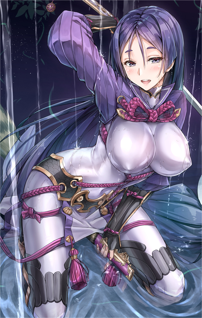 1girl arm_behind_head armor bangs blush bodysuit breasts commentary_request covered_navel covered_nipples fate/grand_order fate_(series) fingerless_gloves gauntlets gloves impossible_clothes kotatsu_(kotatsu358) large_breasts leaning_forward lips long_hair looking_at_viewer minamoto_no_raikou_(fate/grand_order) nipples open_mouth parted_bangs partially_submerged pelvic_curtain purple_hair sheath unsheathed very_long_hair violet_eyes water wet wet_clothes wet_hair