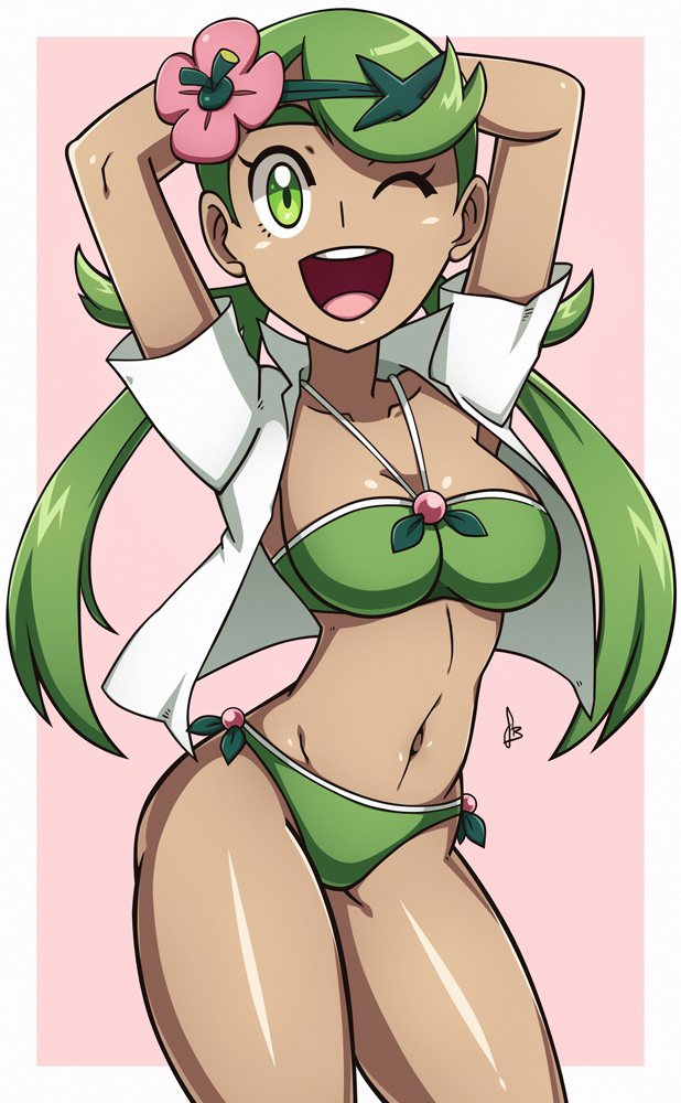 1girl :d arms_up bangs bikini breasts cleavage collared_shirt dark_skin flower flower_on_head green_bikini green_eyes green_hair groin hair_flower hair_ornament hips looking_at_viewer mallow_(pokemon) navel open_clothes open_mouth open_shirt pokemon pokemon_(game) pokemon_sm scott_bennett shiny shiny_skin shirt short_sleeves simple_background smile solo swept_bangs swimsuit teeth trial_captain twintails white_background