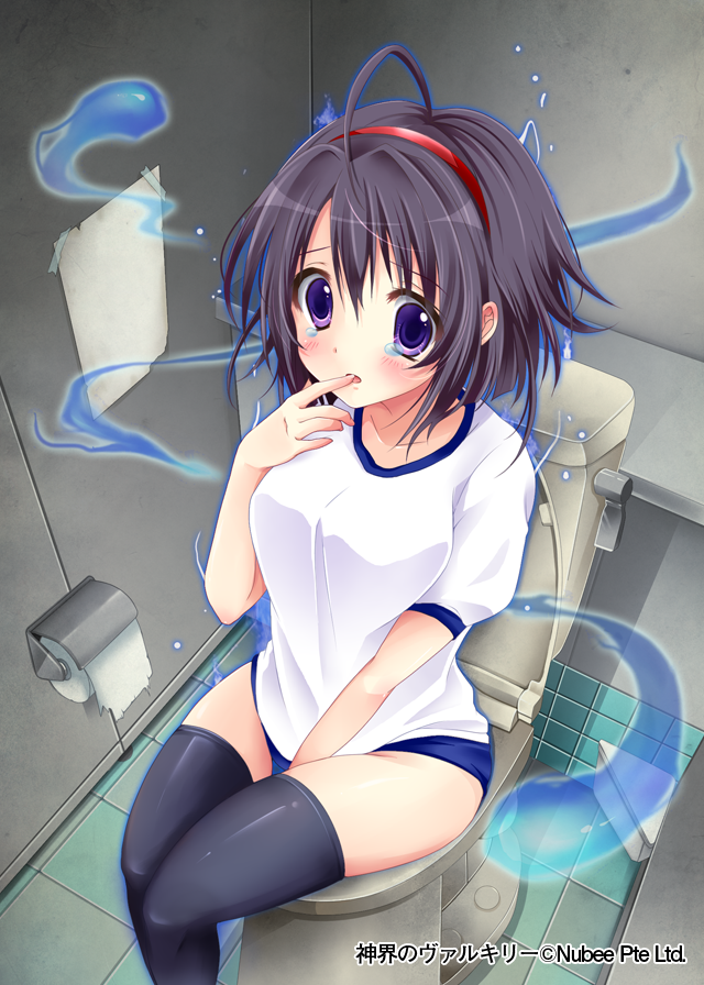 1girl ahoge black_hair black_legwear blush breasts collarbone company_name finger_in_mouth ghost hairband hand_print looking_at_viewer medium_breasts mohumohu-san paper parted_lips shinkai_no_valkyrie short_hair sitting solo tape tears thigh-highs toile_no_hanako-san toilet toilet_paper violet_eyes