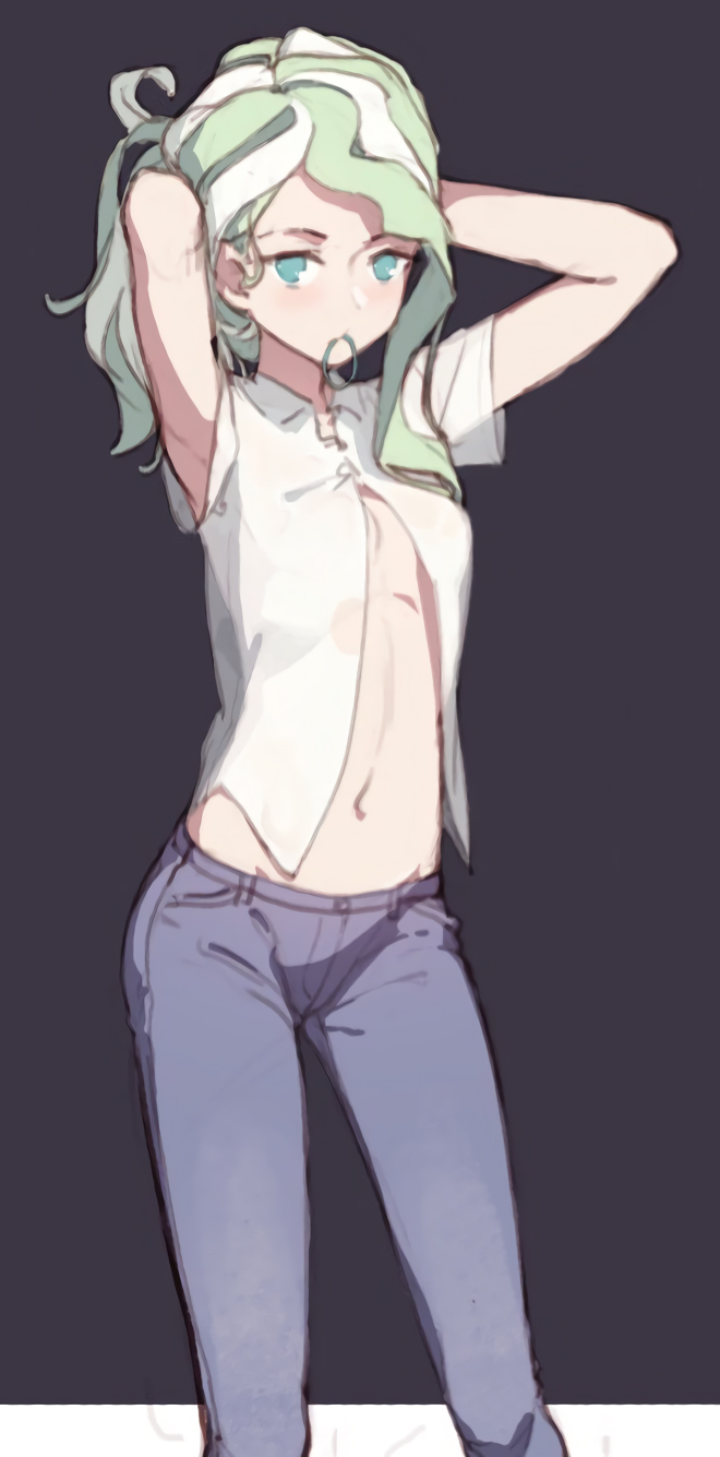 armpit_peek arms_up blue_eyes closed_mouth cropped denim detexted diana_cavendish expressionless green_hair hairband highres jeans little_witch_academia looking_at_viewer mouth_hold navel no_pupils open_clothes open_shirt pants qiongsheng shirt short_sleeves tying_hair