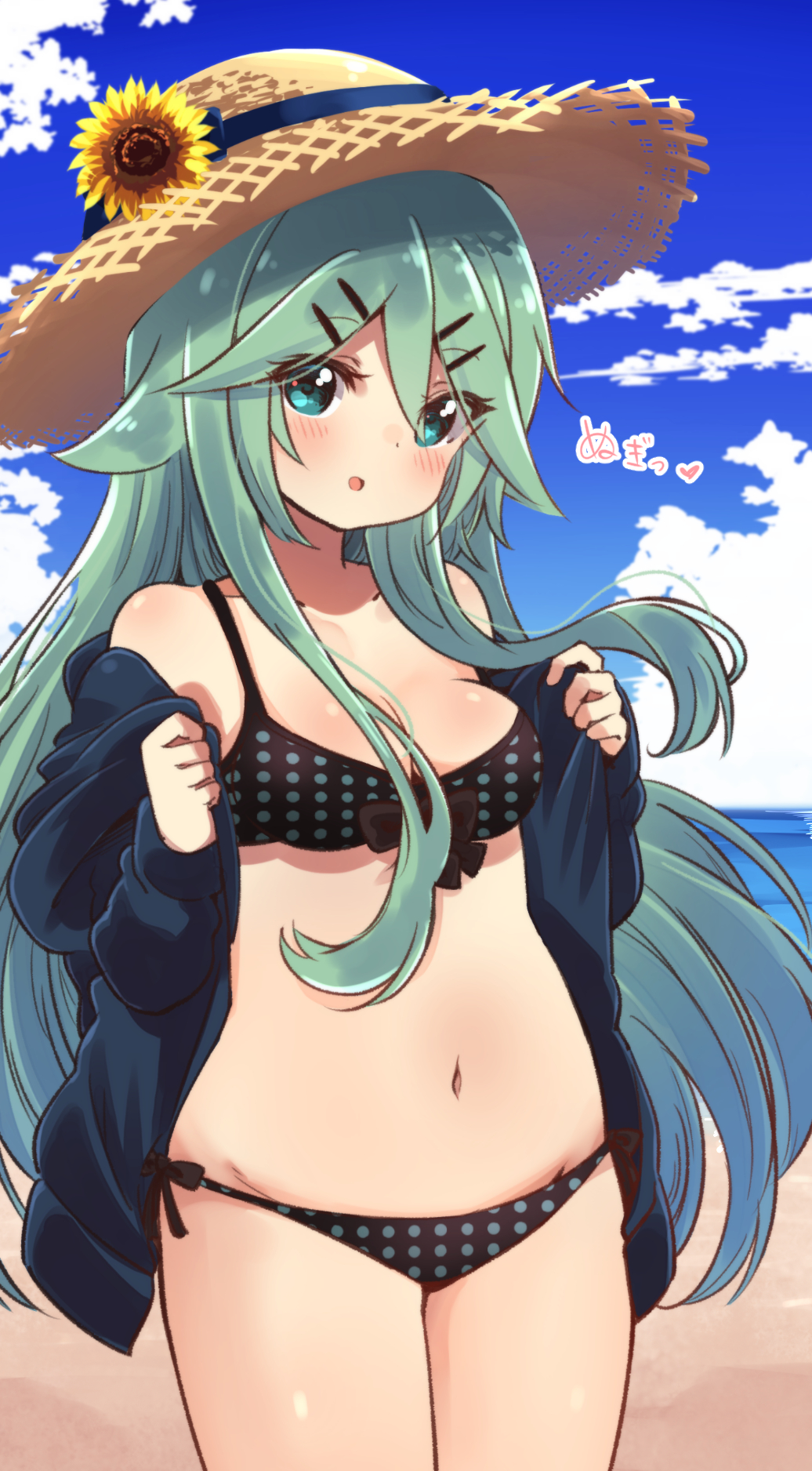 10s 1girl aqua_eyes beach bikini blush breasts cleavage clouds cloudy_sky commentary_request cowboy_shot day flower green_hair hair_ornament hairclip hat hat_flower highres kantai_collection long_hair looking_at_viewer medium_breasts navel open_clothes open_mouth polka_dot polka_dot_bikini side-tie_bikini sky smile solo standing sun_hat sunflower suzuki_toto swimsuit yamakaze_(kantai_collection)