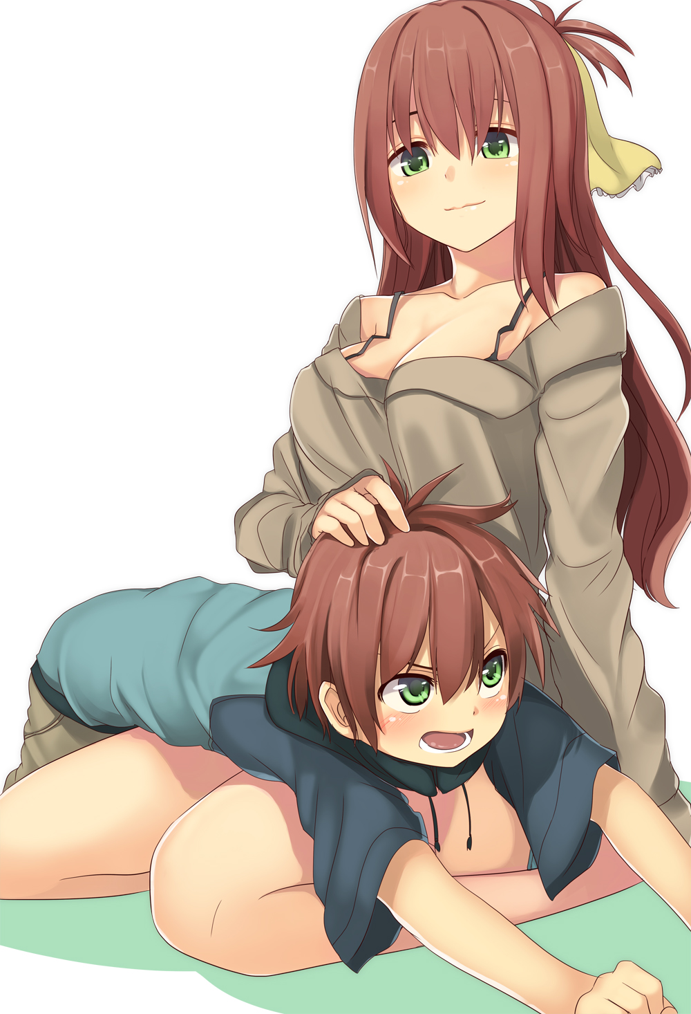 &gt;:o 1boy 1girl :o age_difference angry bangs bare_legs blue_hoodie breasts brother_and_sister brown_hair cleavage clenched_hand closed_mouth collarbone commentary_request drawstring green_eyes grey_pants grey_shirt hair_between_eyes hair_ribbon hand_on_another's_head highres hood hood_down hoodie large_breasts long_hair long_sleeves looking_at_another looking_down looking_up lying lying_on_lap mahcdai on_lap on_stomach open_mouth original outstretched_arms oversized_clothes pants petting ribbon seiza shadow shiny shiny_hair shirt short_sleeves siblings simple_background sitting smile tareme white_background yellow_ribbon