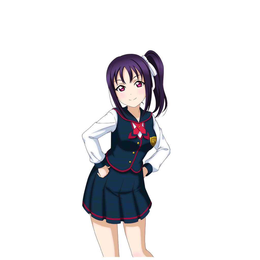 1girl artist_request bangs blush bow breasts hair_bow hands_on_hips kazuno_sarah long_hair looking_at_viewer love_live! love_live!_school_idol_festival love_live!_sunshine!! official_art pleated_skirt purple_hair school_uniform side_ponytail skirt smile solo violet_eyes