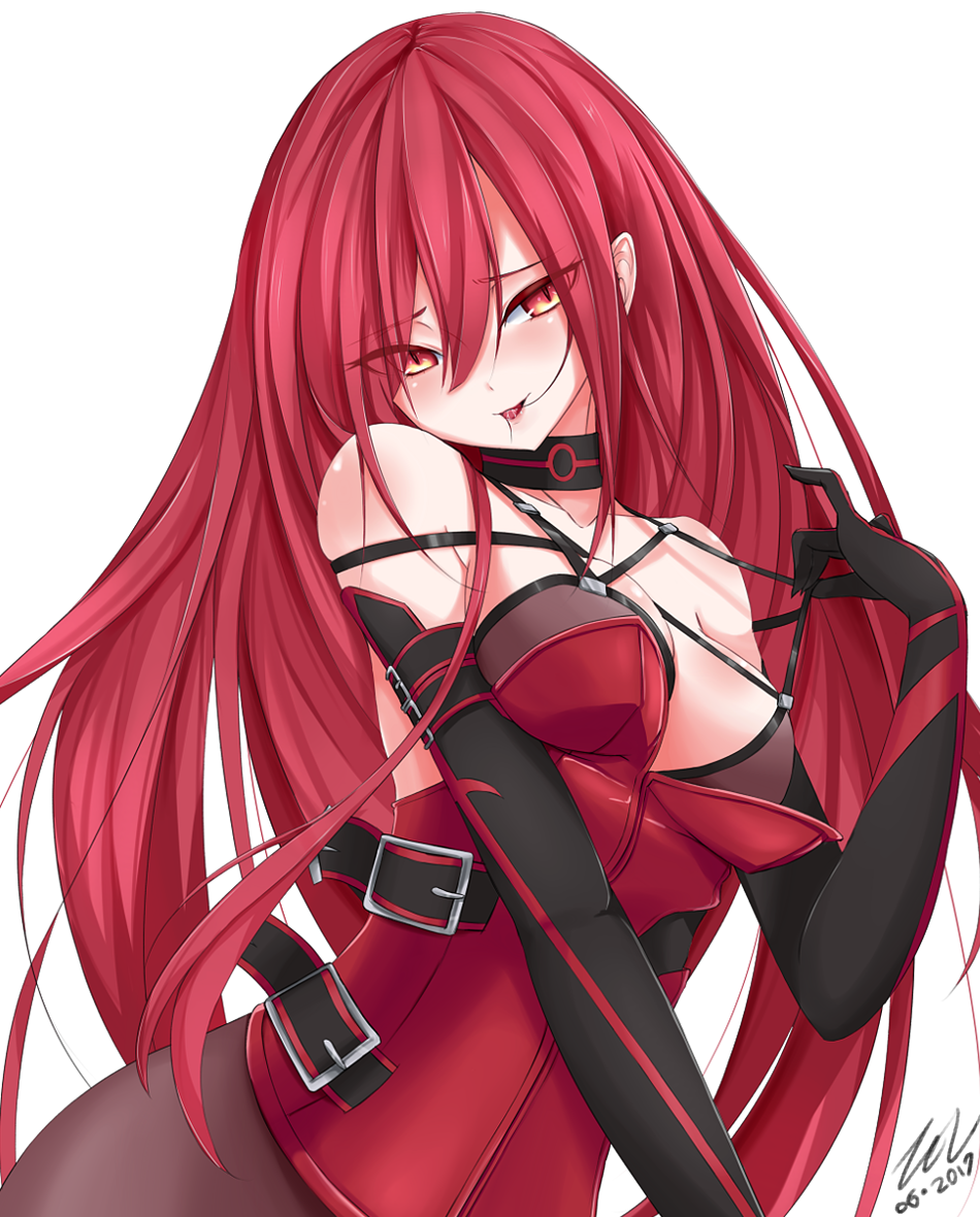 1girl 2017 artist_name bangs bare_shoulders black_choker black_gloves breasts brown_legwear choker collarbone commentary_request crimson_avenger_(elsword) dated elbow_gloves elesis_(elsword) elsword eyebrows_visible_through_hair eyes_visible_through_hair gloves gradient gradient_eyes hair_between_eyes hair_in_mouth half-closed_eyes hand_up leotard long_hair medium_breasts mouth_hold multicolored multicolored_eyes orange_eyes pantyhose pink_lips pulled_by_self red_eyes red_leotard redhead saliva scarlet_zel signature simple_background skindentation slit_pupils solo strap_pull tongue tongue_out upper_body very_long_hair white_background yellow_eyes