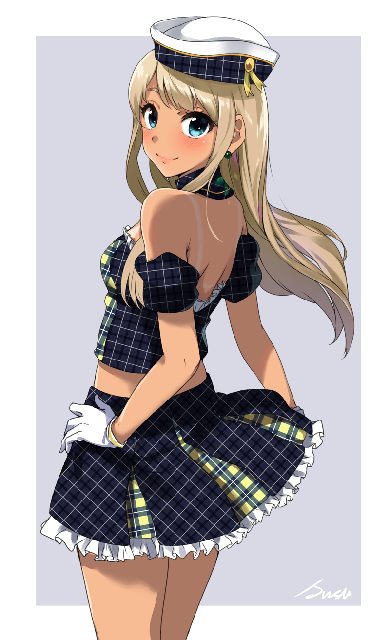 1girl alessandra_susu bare_shoulders blonde_hair blue_eyes blush earrings gloves hand_on_hip hat highres jewelry kurokin lipstick long_hair looking_at_viewer makeup midriff open_back plaid plaid_skirt sailor_hat signature skirt solo tan tanline tokyo_7th_sisters