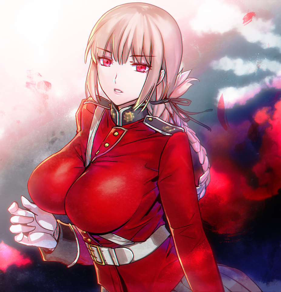 1girl bangs belt between_breasts braid breasts fate/grand_order fate_(series) florence_nightingale_(fate/grand_order) gloves large_breasts long_hair looking_at_viewer military military_uniform parted_lips pink_hair red_eyes skirt solo strap_cleavage uniform upper_body white_gloves yurizuka_(sergeant_heart)