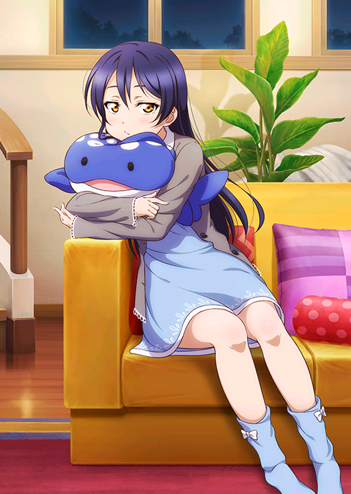 1girl artist_request bangs blue_hair bored carpet closed_mouth couch holding indoors long_hair looking_at_viewer love_live! love_live!_school_idol_festival love_live!_school_idol_project night nightgown object_hug official_art pillow plant sitting socks solo sonoda_umi stuffed_animal stuffed_toy window yellow_eyes