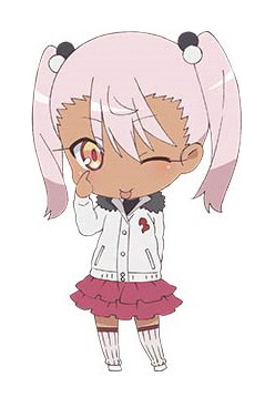 1girl chibi chloe_von_einzbern commentary_request dark-skinned_female dark_skin fate/kaleid_liner_prisma_illya fate_(series) full_body hair_between_eyes jacket long_hair long_sleeves lowres miniskirt no_nose official_art one_eye_closed pink_hair red_skirt simple_background skirt solo standing thigh-highs tongue tongue_out twintails white_background white_jacket white_thighhighs zettai_ryouiki