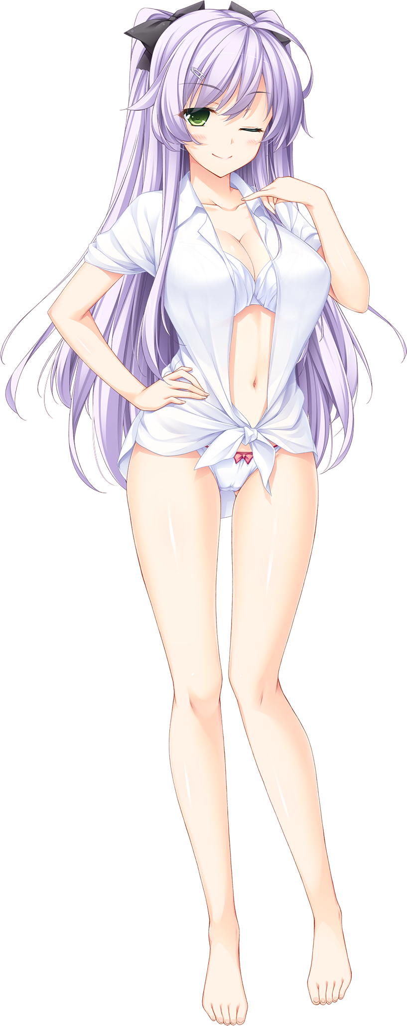 1girl ass_visible_through_thighs barefoot blush bow bow_panties bra breasts choco_chip cleavage ero_zemi full_body green_eyes hair_bow hair_ornament hairclip hand_on_hip highres large_breasts lavender_hair long_hair looking_at_viewer navel official_art one_eye_closed panties sagisawa_karen shirt smile tied_shirt transparent_background two_side_up underwear white_panties