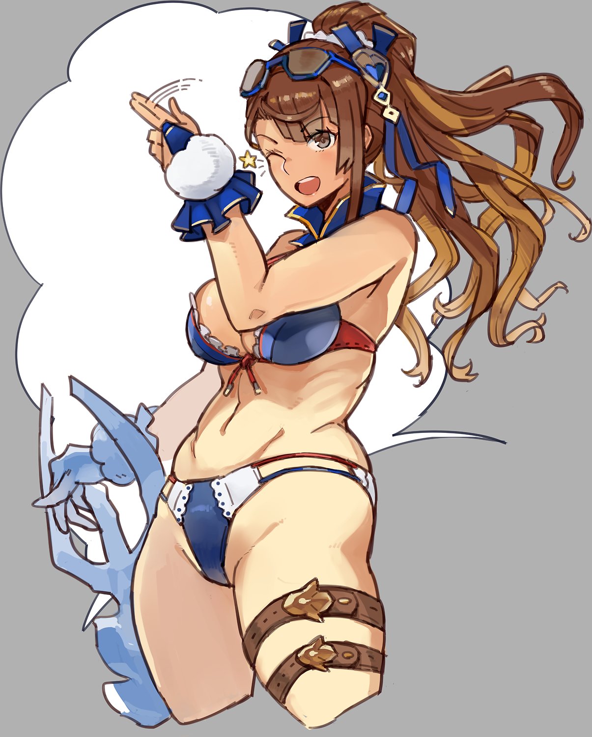 1girl bare_shoulders beatrix_(granblue_fantasy) belt bikini breasts brown_eyes brown_hair cleavage detached_collar glasses_on_head granblue_fantasy groin hair_ribbon highres large_breasts long_hair looking_at_viewer navel one_eye_closed open_mouth ponytail ribbon shoohee smile solo standing star swimsuit sword thigh_strap weapon